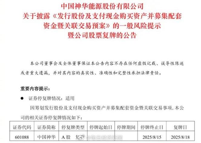 8月18日中国神华A股股票复牌，此前披露重组预案涉及13家公司
