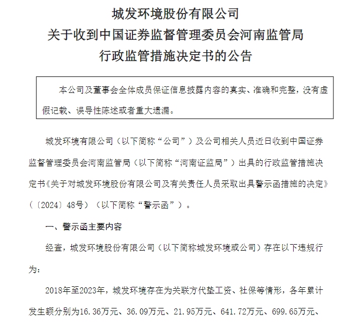 城发环境股价大跌_城发环境未及时披露关联方非经营性占资 警示函 中国证监会对城发环境的处罚