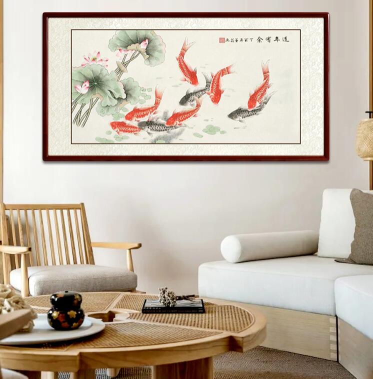 十字绣富贵满堂图片_挂画风水吉祥寓意_九鱼图旺宅选择
